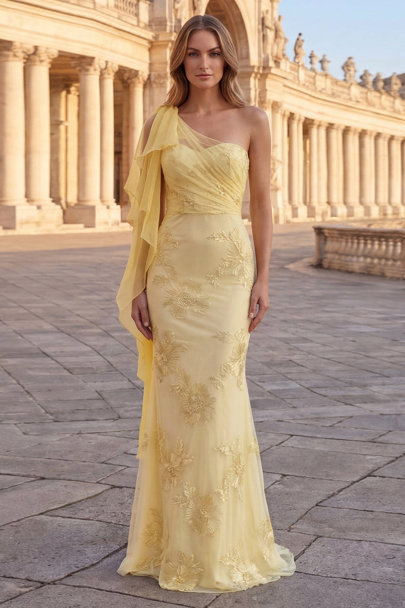 Load image into Gallery viewer, Yellow Appliqued Mermaid Long Formal Dress with Side Cape