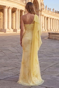 Yellow Appliqued Mermaid Long Formal Dress with Side Cape