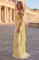 Load image into Gallery viewer, Yellow Appliqued Mermaid Long Formal Dress with Side Cape