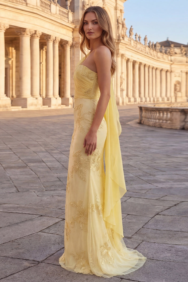 Load image into Gallery viewer, Yellow Appliqued Mermaid Long Formal Dress with Side Cape