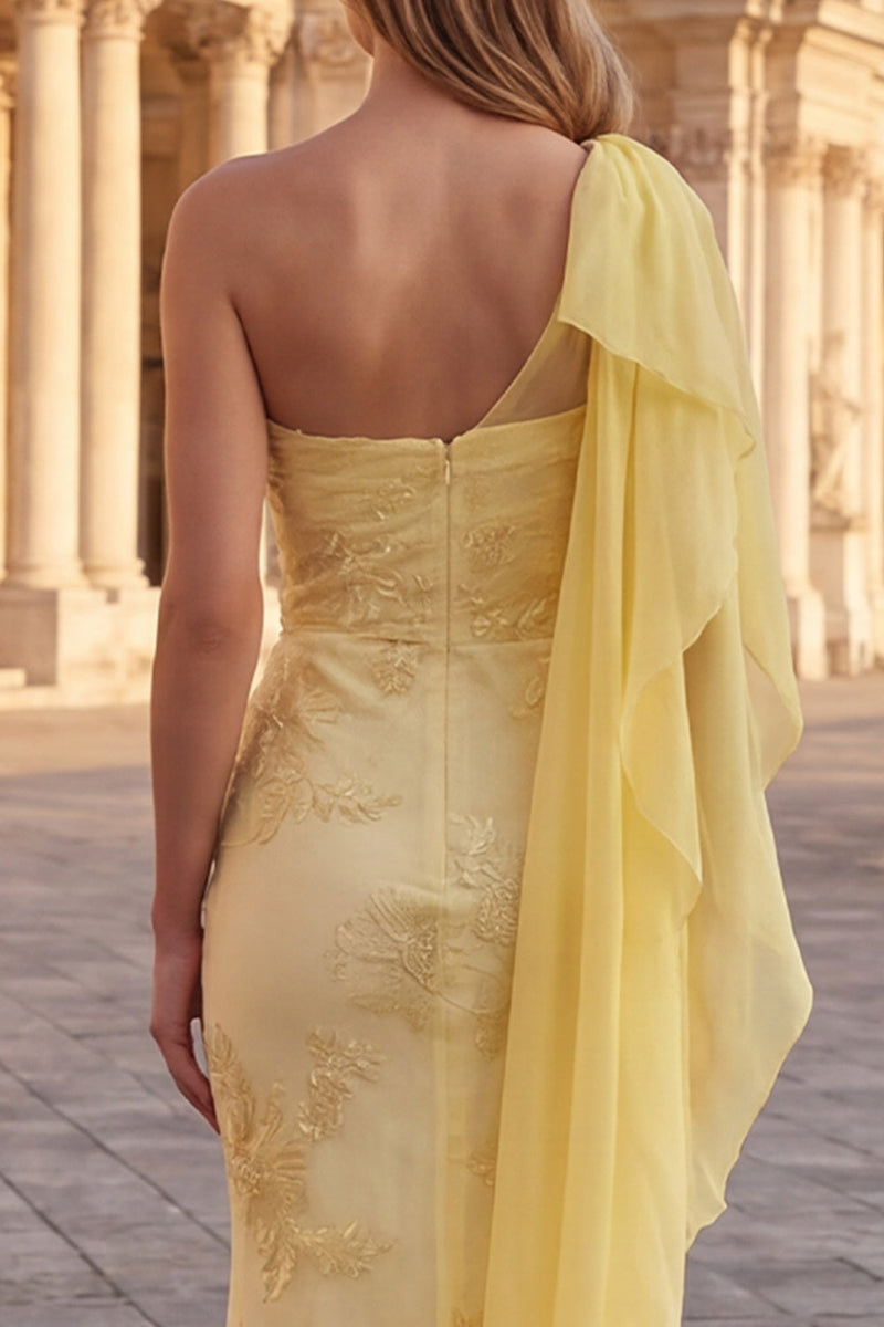 Load image into Gallery viewer, Yellow Appliqued Mermaid Long Formal Dress with Side Cape