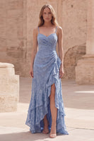 Load image into Gallery viewer, Dusty Blue Spaghetti Straps Sheath Long Formal Dress with Ruffles