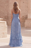 Load image into Gallery viewer, Dusty Blue Spaghetti Straps Sheath Long Formal Dress with Ruffles