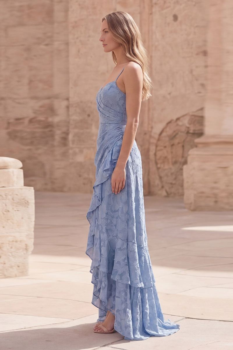 Load image into Gallery viewer, Dusty Blue Spaghetti Straps Sheath Long Formal Dress with Ruffles