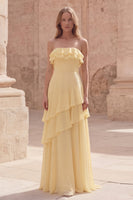 Load image into Gallery viewer, Yellow Strapless A Line Long Formal Dress with Ruffles