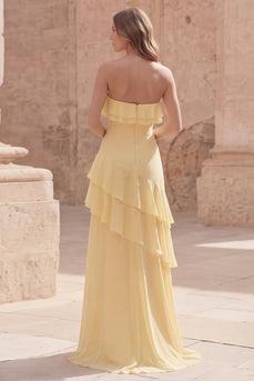 Yellow Strapless A Line Long Formal Dress with Ruffles