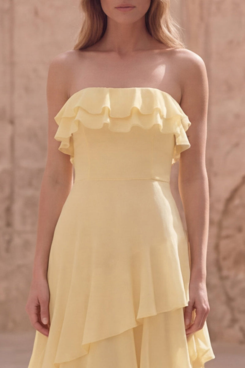 Load image into Gallery viewer, Yellow Strapless A Line Long Formal Dress with Ruffles
