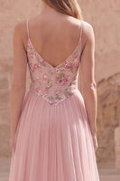Load image into Gallery viewer, Pink Floral A Line Spaghetti Straps Long Formal Dress