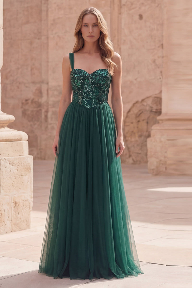Load image into Gallery viewer, Sparkly Dark Green Long A Line Formal Dress with Sequin