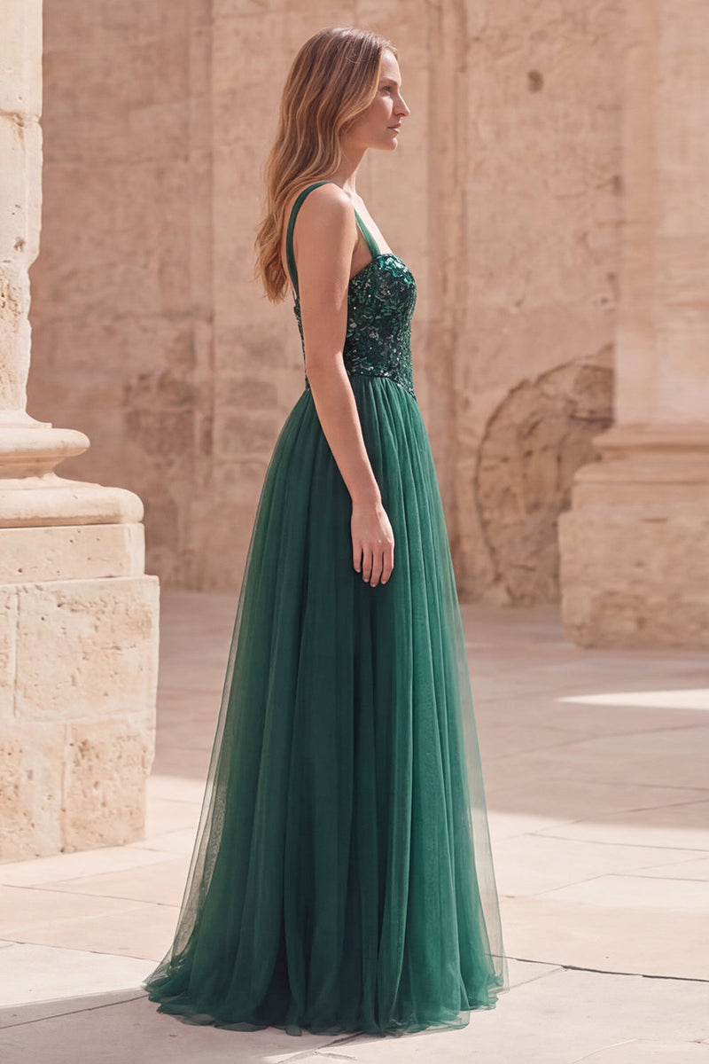 Load image into Gallery viewer, Sparkly Dark Green Long A Line Formal Dress with Sequin
