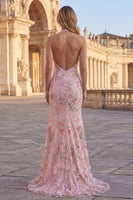 Load image into Gallery viewer, Sparkly Pink Mermaid Floral Long Sequin Formal Dress with Slit