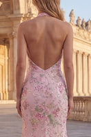 Load image into Gallery viewer, Sparkly Pink Mermaid Floral Long Sequin Formal Dress with Slit