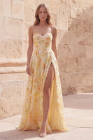 Load image into Gallery viewer, Floral Yellow A Line Strapless Ruched Long Formal Dress with Slit