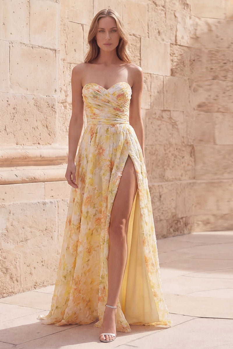 Load image into Gallery viewer, Floral Yellow A Line Strapless Ruched Long Formal Dress with Slit