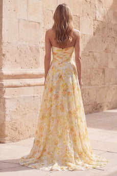 Floral Yellow A Line Strapless Ruched Long Formal Dress with Slit
