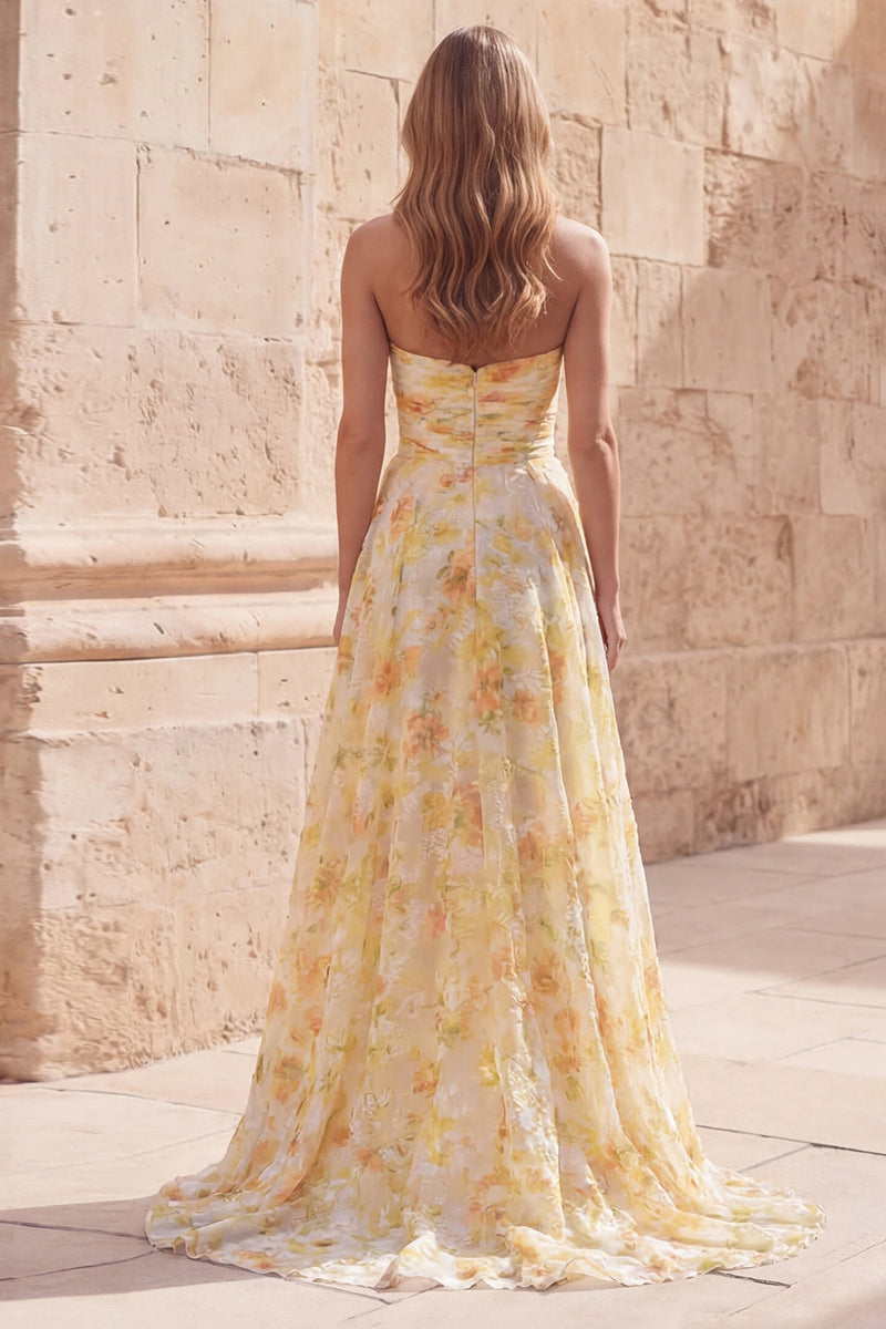 Load image into Gallery viewer, Floral Yellow A Line Strapless Ruched Long Formal Dress with Slit