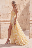 Load image into Gallery viewer, Floral Yellow A Line Strapless Ruched Long Formal Dress with Slit