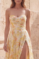 Load image into Gallery viewer, Floral Yellow A Line Strapless Ruched Long Formal Dress with Slit