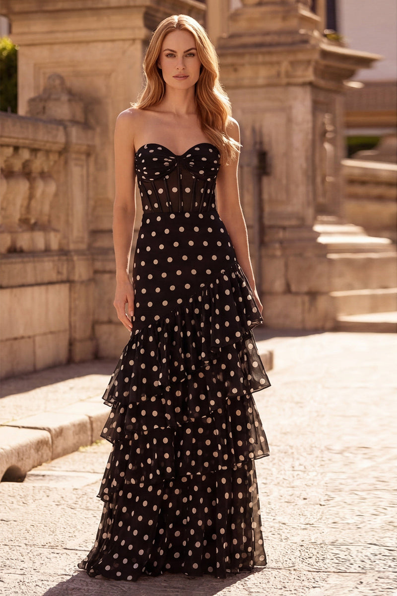 Load image into Gallery viewer, Strapless Black A Line Long Corset Formal Dress with Ruffles
