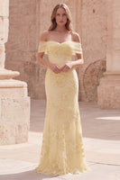 Load image into Gallery viewer, Yellow Appliqued Mermaid Off the Shoulder Long Formal Dress