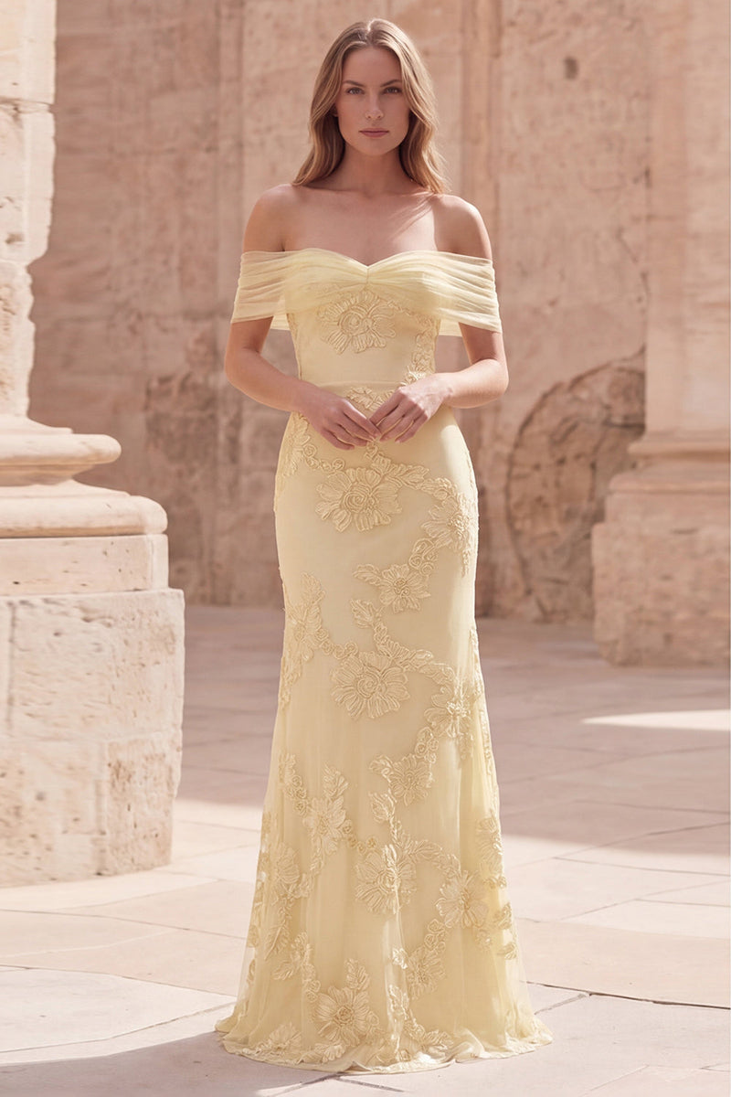 Load image into Gallery viewer, Yellow Appliqued Mermaid Off the Shoulder Long Formal Dress