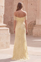 Load image into Gallery viewer, Yellow Appliqued Mermaid Off the Shoulder Long Formal Dress