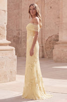 Load image into Gallery viewer, Yellow Appliqued Mermaid Off the Shoulder Long Formal Dress