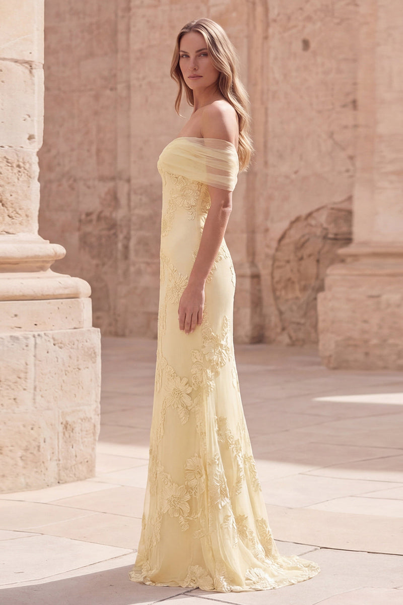 Load image into Gallery viewer, Yellow Appliqued Mermaid Off the Shoulder Long Formal Dress