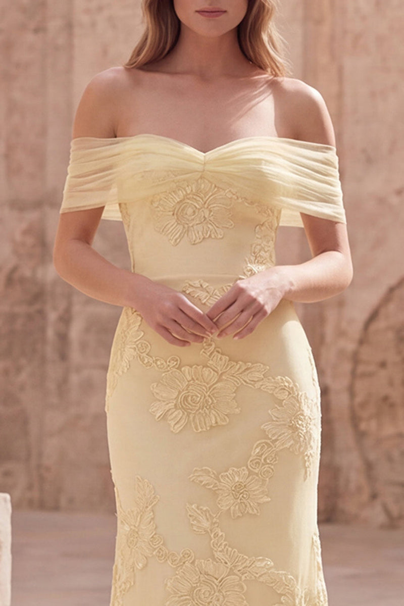 Load image into Gallery viewer, Yellow Appliqued Mermaid Off the Shoulder Long Formal Dress