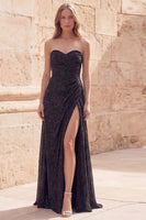 Load image into Gallery viewer, Sparkly Black Strapless Ruched Sheath Long Formal Dress with Slit