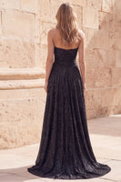 Load image into Gallery viewer, Sparkly Black Strapless Ruched Sheath Long Formal Dress with Slit