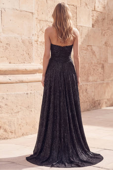 Sparkly Black Strapless Ruched Sheath Long Formal Dress with Slit