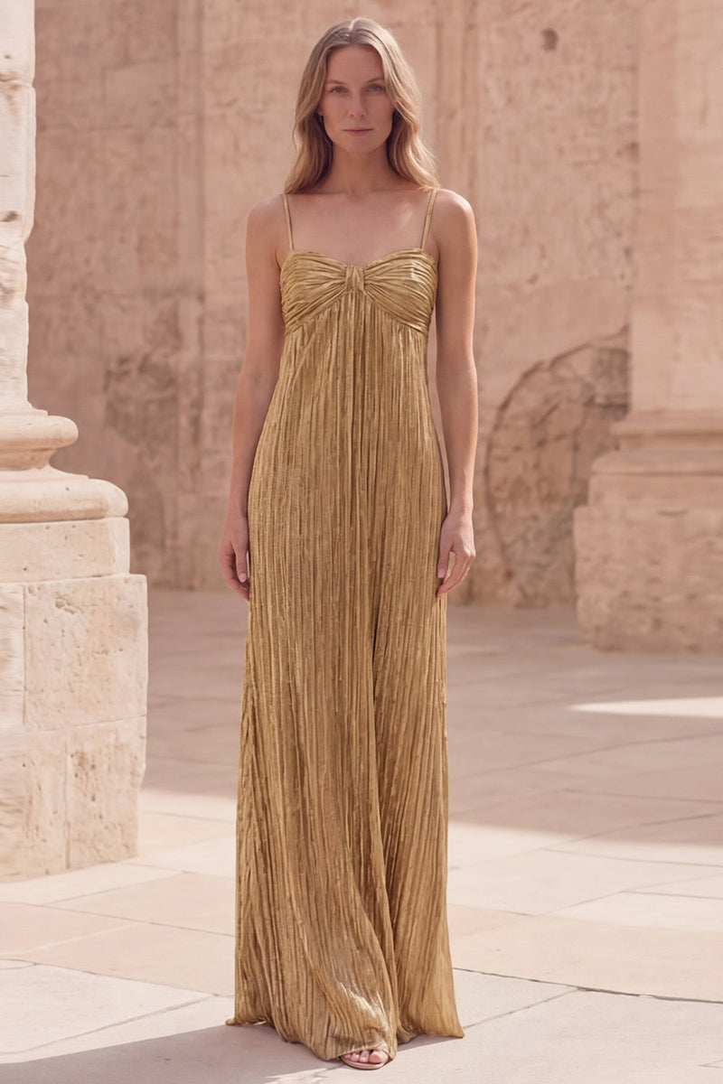 Load image into Gallery viewer, Gold A Line Spaghetti Straps Long Formal Dress with Pleats