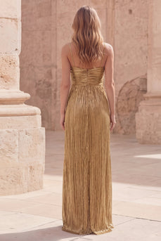 Gold A Line Spaghetti Straps Long Formal Dress with Pleats