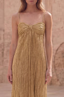 Load image into Gallery viewer, Gold A Line Spaghetti Straps Long Formal Dress with Pleats