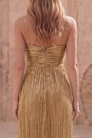 Load image into Gallery viewer, Gold A Line Spaghetti Straps Long Formal Dress with Pleats