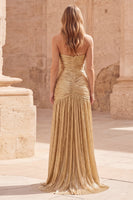 Load image into Gallery viewer, Sparkly Gold A Line Strapless Long Metallic Formal Dress with Pleats