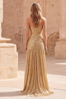 Sparkly Gold A Line Strapless Long Metallic Formal Dress with Pleats