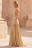 Load image into Gallery viewer, Sparkly Gold A Line Strapless Long Metallic Formal Dress with Pleats