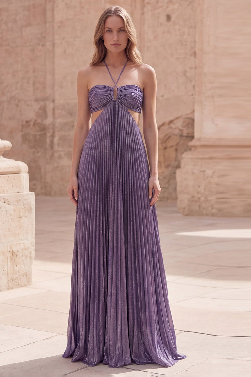 Load image into Gallery viewer, Sparkly Purple A Line Halter Long Formal Dress with Pleats