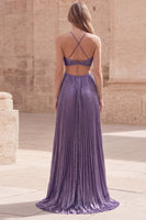 Load image into Gallery viewer, Sparkly Purple A Line Halter Long Formal Dress with Pleats