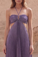Load image into Gallery viewer, Sparkly Purple A Line Halter Long Formal Dress with Pleats