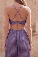 Load image into Gallery viewer, Sparkly Purple A Line Halter Long Formal Dress with Pleats