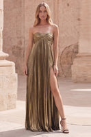 Load image into Gallery viewer, Pleated Dark Gold Strapless A Line Empire Waist Long Formal Dress with Slit