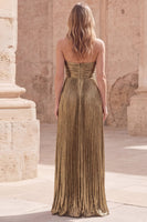 Load image into Gallery viewer, Pleated Dark Gold Strapless A Line Empire Waist Long Formal Dress with Slit