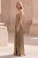 Load image into Gallery viewer, Pleated Dark Gold Strapless A Line Empire Waist Long Formal Dress with Slit