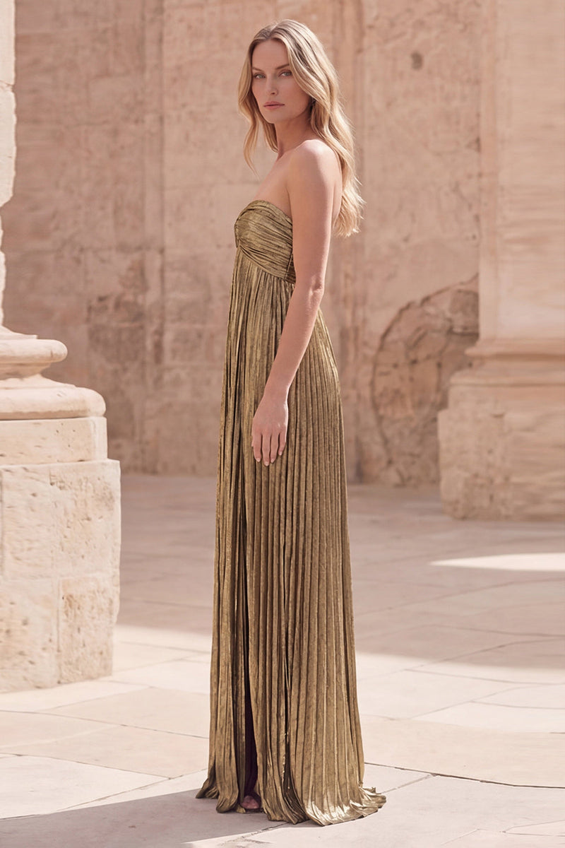 Load image into Gallery viewer, Pleated Dark Gold Strapless A Line Empire Waist Long Formal Dress with Slit