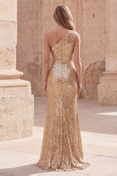 Sparkly Gold Sequin Sheath Long Ruched Formal Dress with Slit
