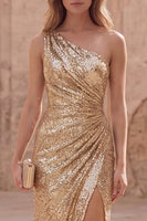 Load image into Gallery viewer, Sparkly Gold Sequin Sheath Long Ruched Formal Dress with Slit