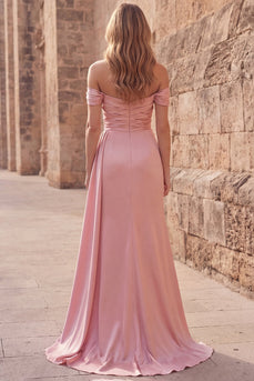 Pink Off the Shoulder Sheath Ruched Long Formal Dress with Slit